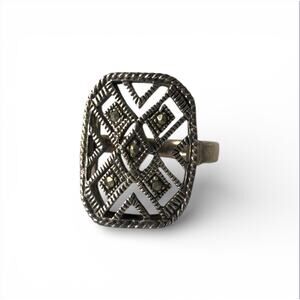 VTG Sterling Silver & Marcasites Rectangular Openwork Ring Size 5.75 - Tarnished